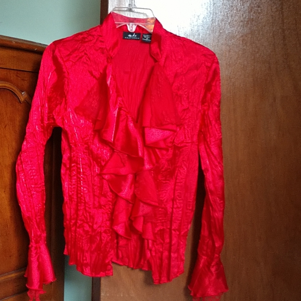 Blouse Red crinkle Satin and Lace